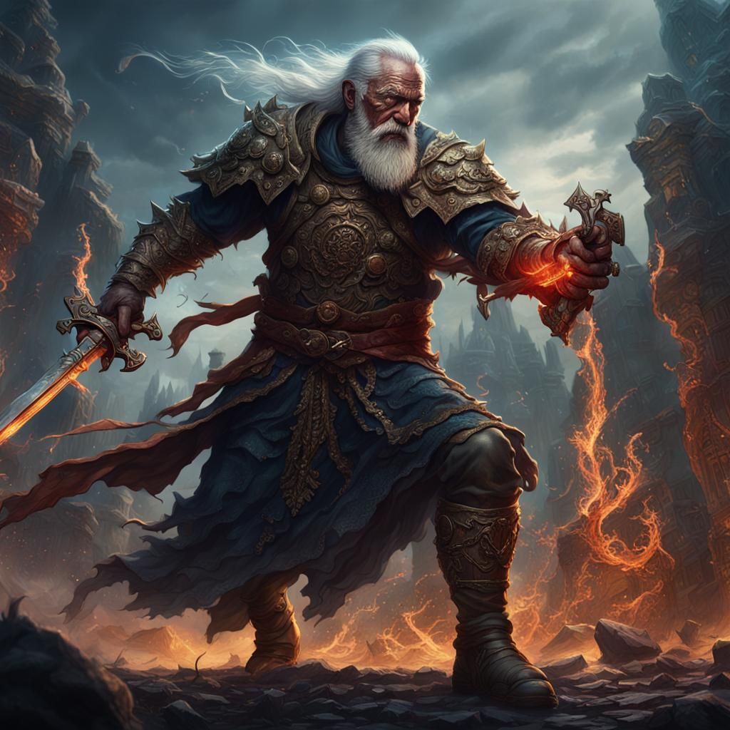 Fantasy Old Man Slaying Demons in Detailed Painting