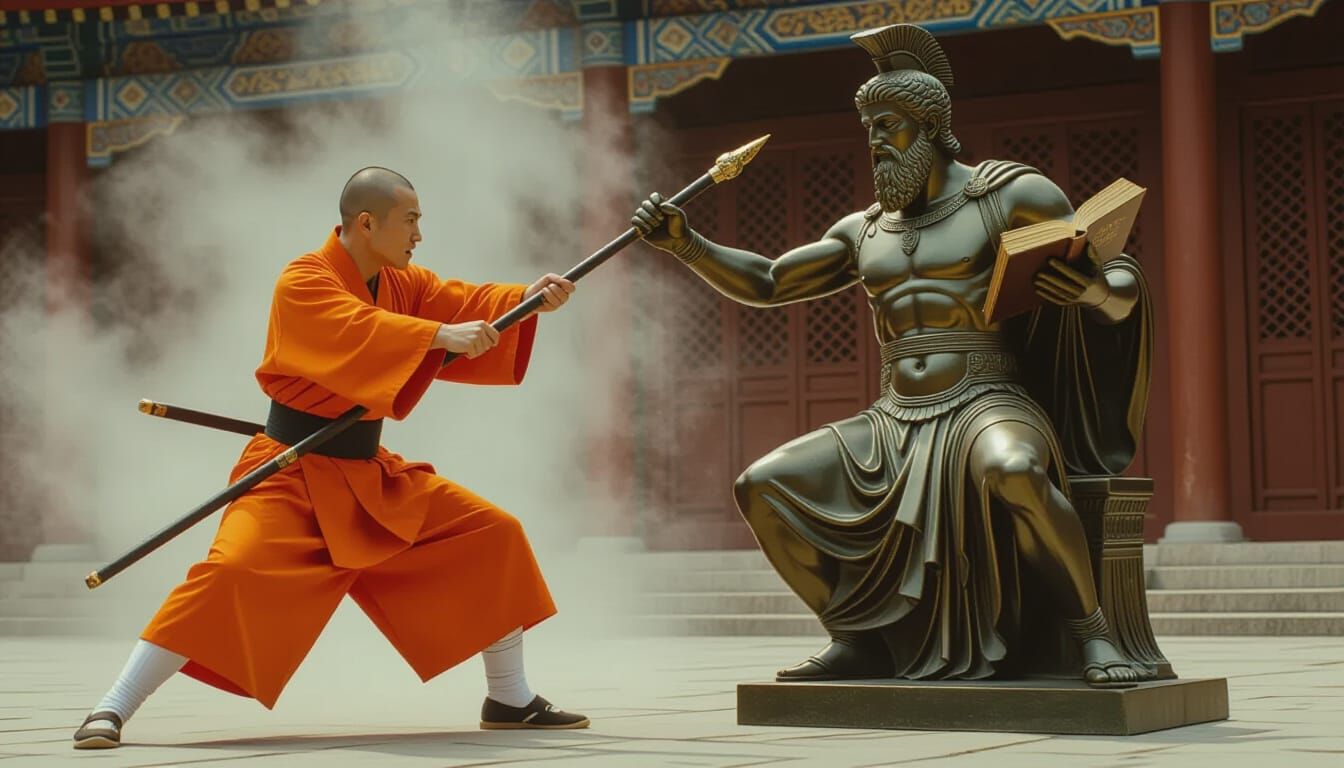 Kung Fu Monk Versus Greek Philosopher Statue