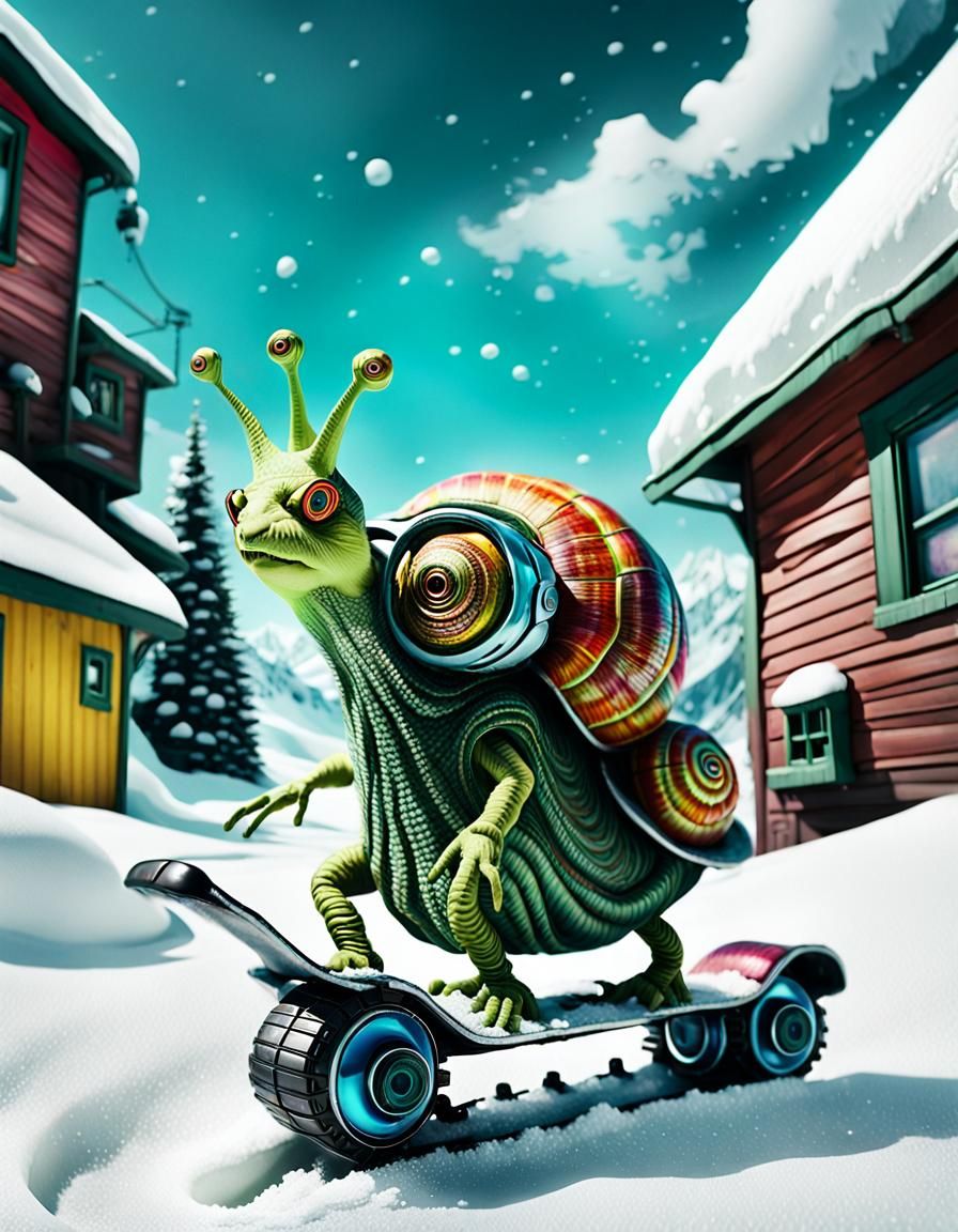 Snail on Hoverboard in Solarpunk Psychedelic Art