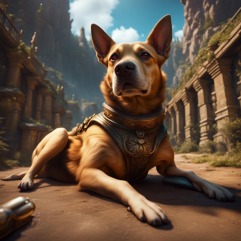 Fat Tan Dog Relaxing: Detailed Matte Painting