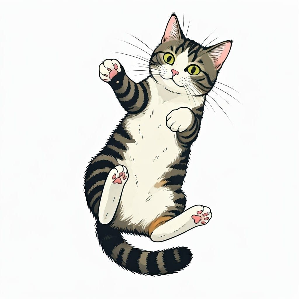 Playful Cat Mid-Air: Japanese Art Style