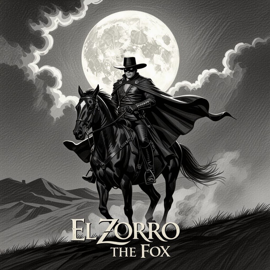 El Zorro Movie Poster: Charcoal Drawing of Zorro on Horsebac...