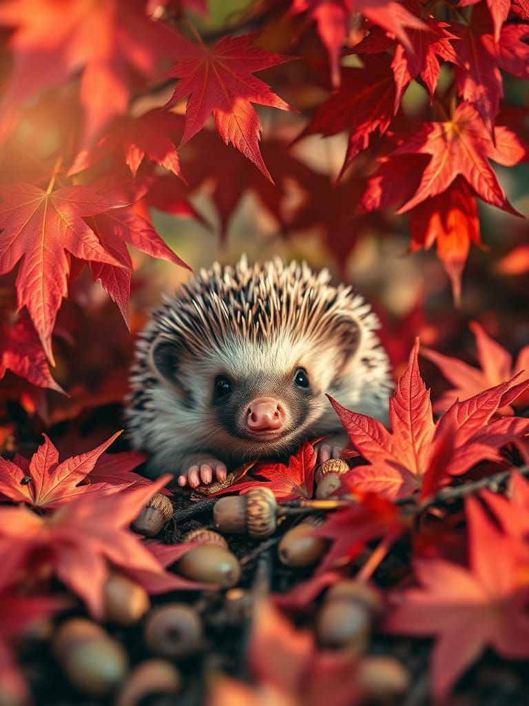 Hedgehog Peeking From Crimson Maple Leaves in Sunlight