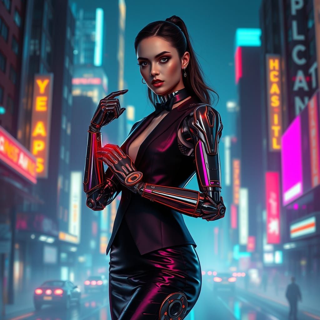 Cyborg Woman Posing in Neon Cityscape