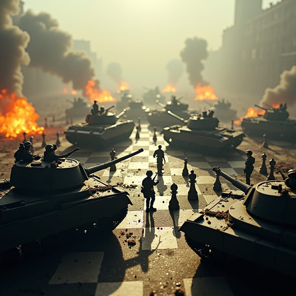 Tanks Clash on Ravaged Chessboard War Zone