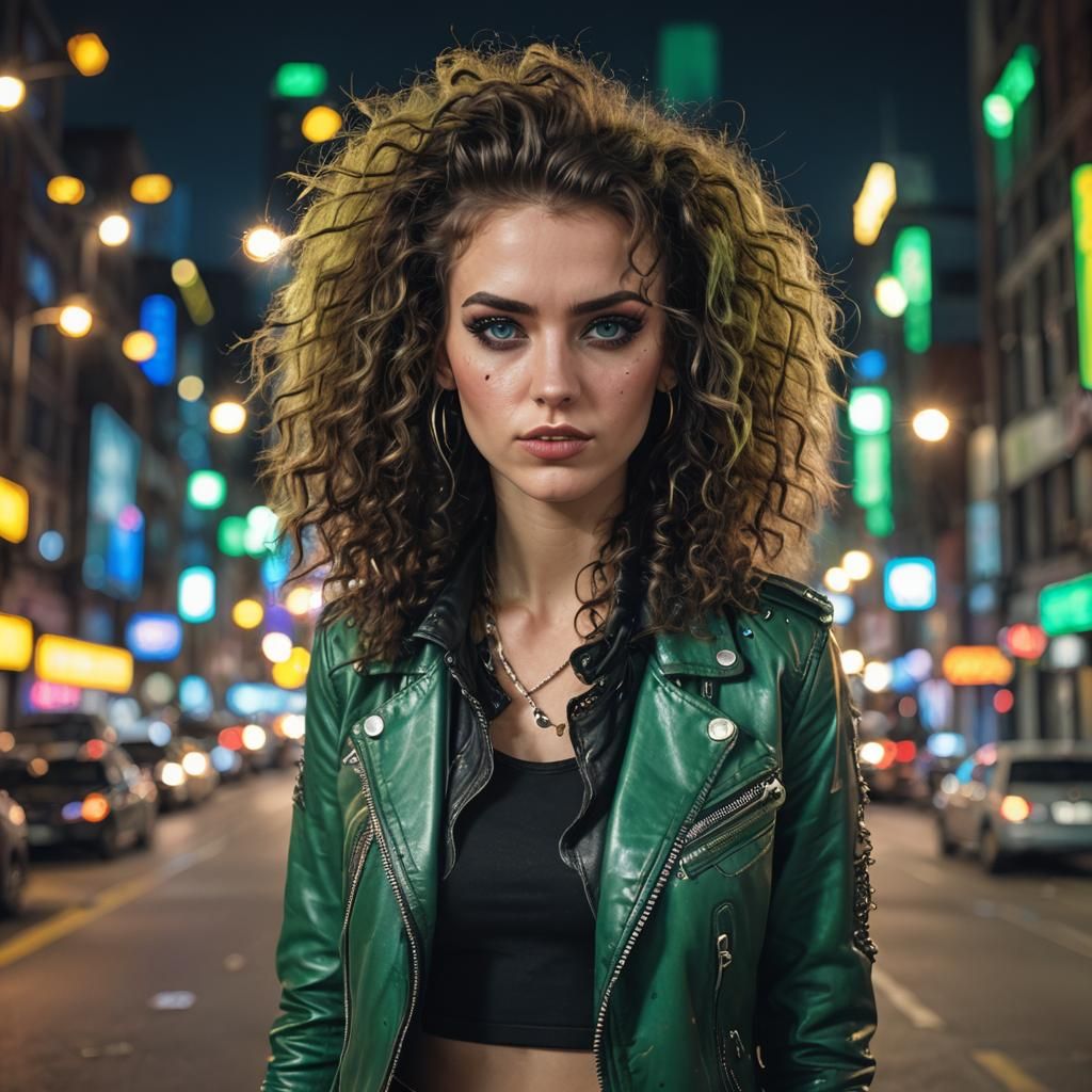 Punk-Rock Girl Headshot with Neon City Lights