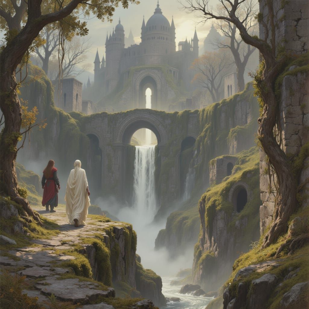 Medieval Survivors at Foggy City Edge in Dark Fantasy Style