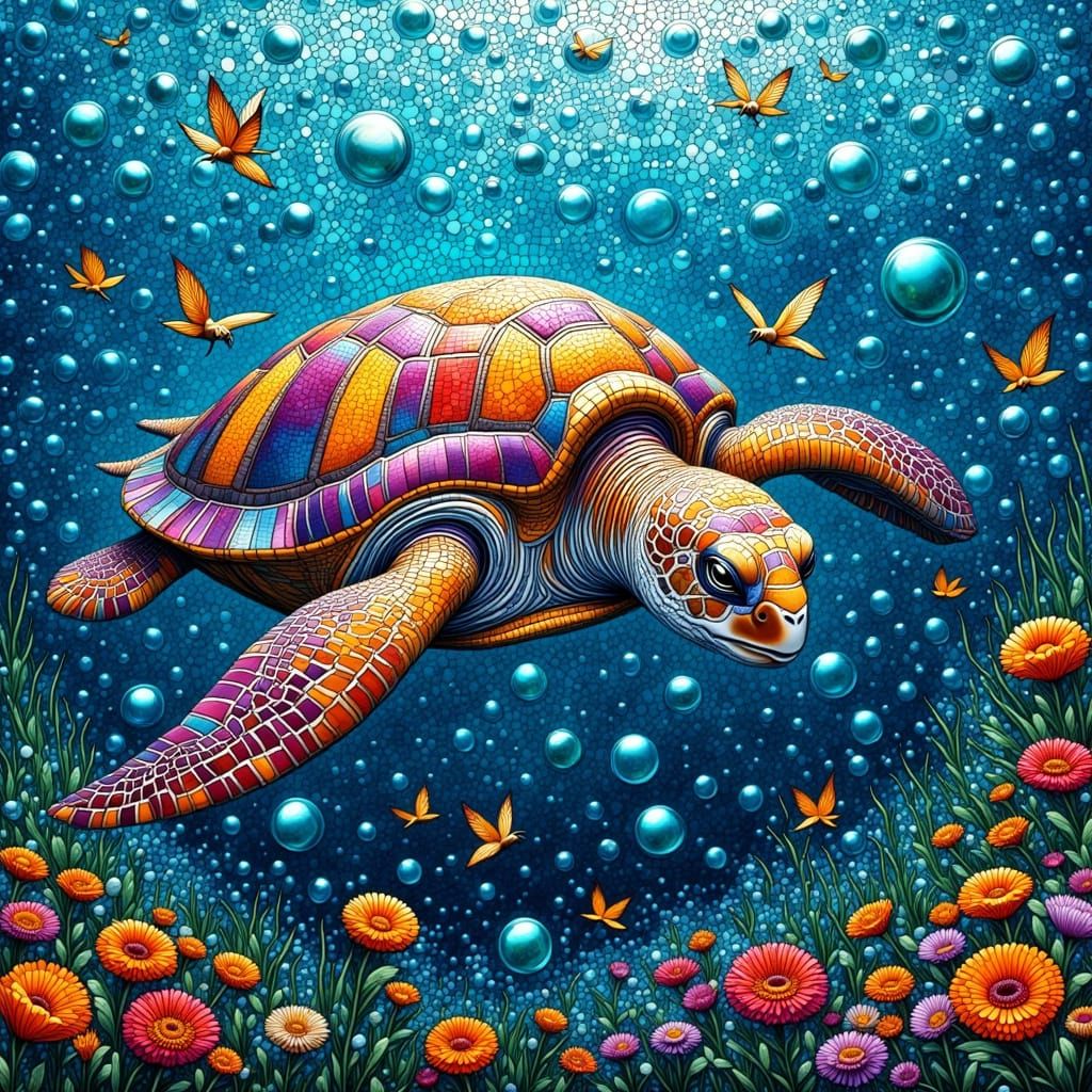 Mosaic Sea Turtle Swimming in Deep Blue Ocean
