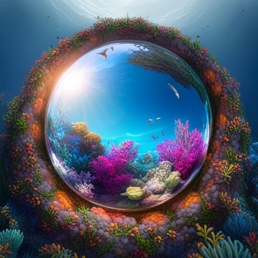 Doves in Glass Sphere Over Coral Reef