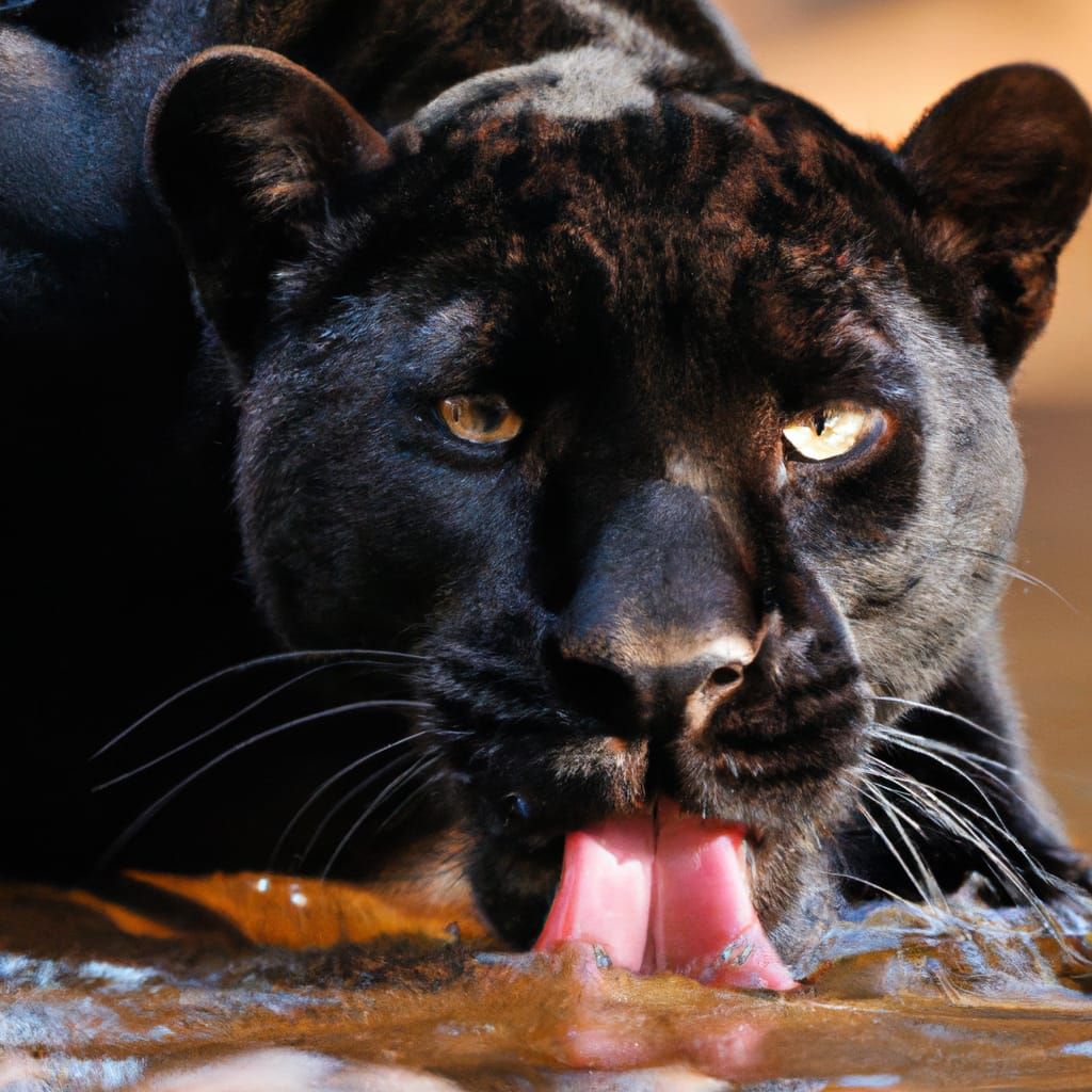 A Black Panther Drinking Water from a River