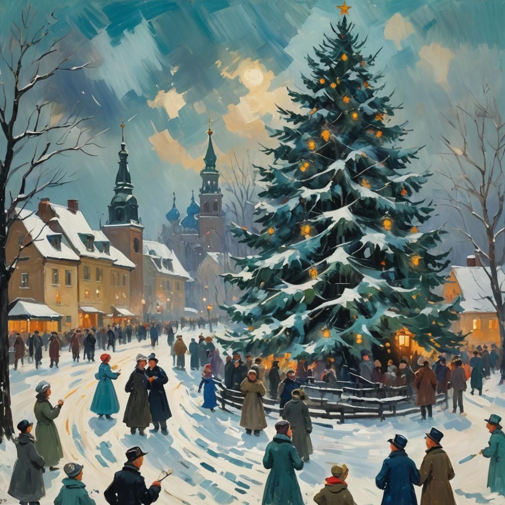 Christmas Carolers in Snow: Impressionist Winter Scene