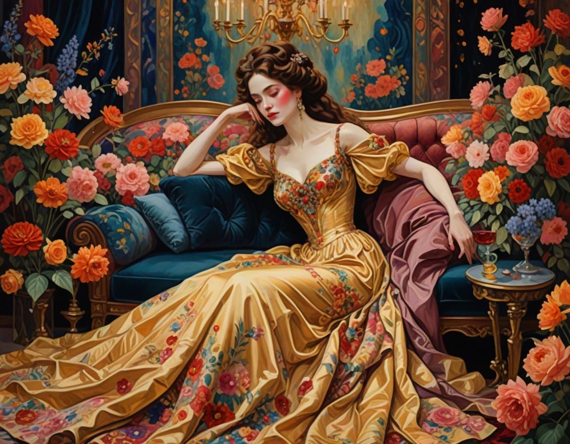 Romantic Goddess in Golden Light, Inspired by Klimt