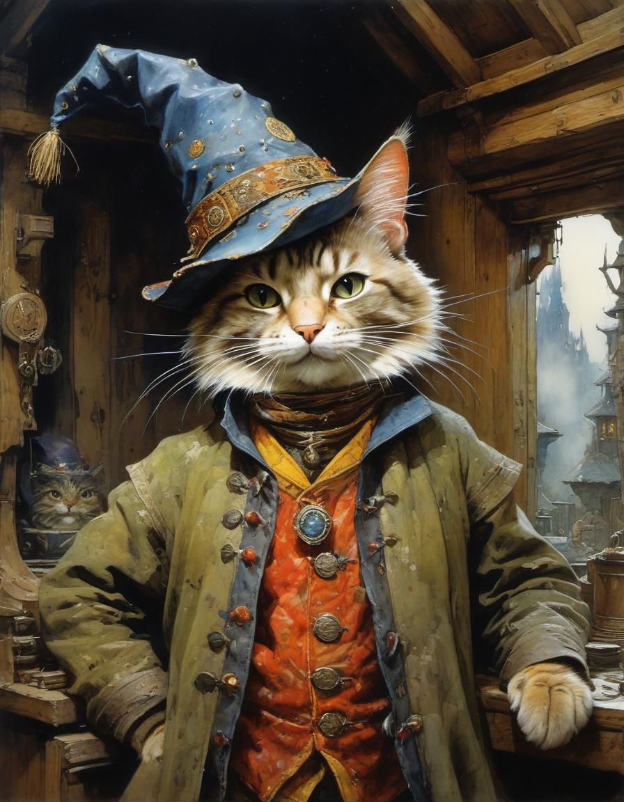 Anthropomorphic Cat Wizard in Hut, Watercolor Style