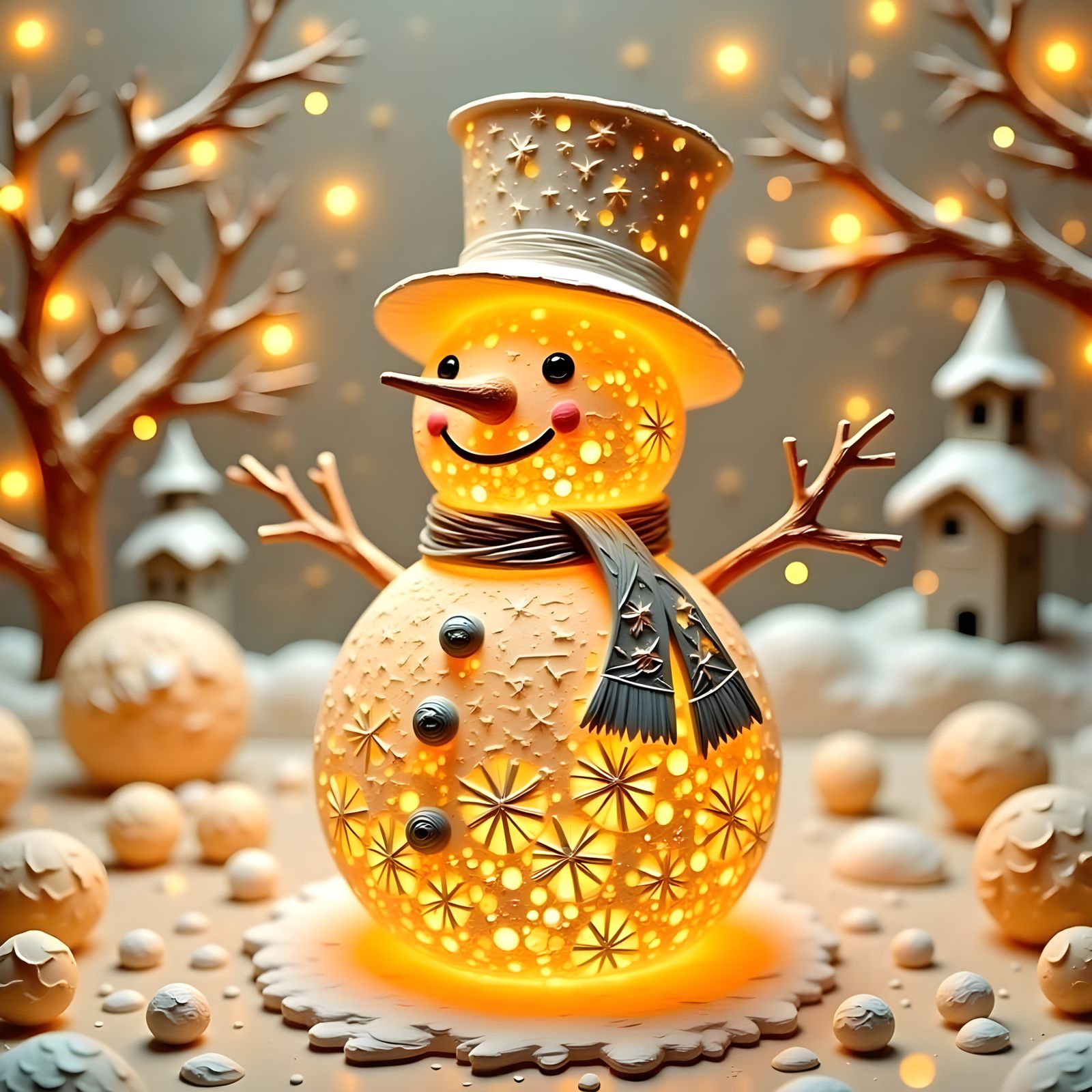 Intricately Layered Kirigami Snowman Sculpture in Warm Golde...