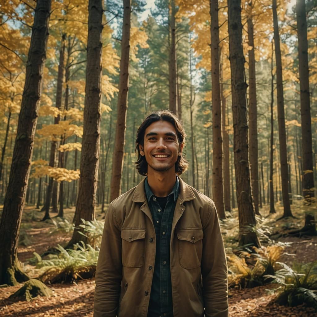 Native American Man in Autumn Forest: Cinematic Film Still
