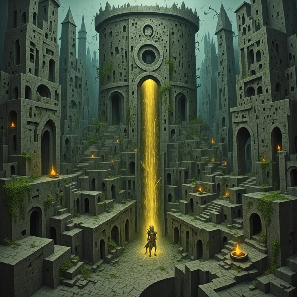 Mysterious Ancient Labyrinth with Mossy Walls and Ancient Ca...