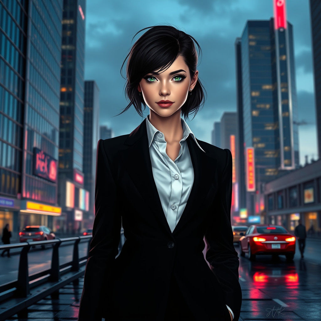 Confident Businesswoman in Futuristic Cityscape: 8K Art