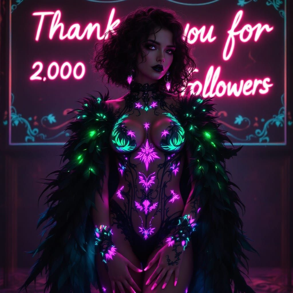 Gothic Fantasy Queen in Black Feather Attire with Biolumines...