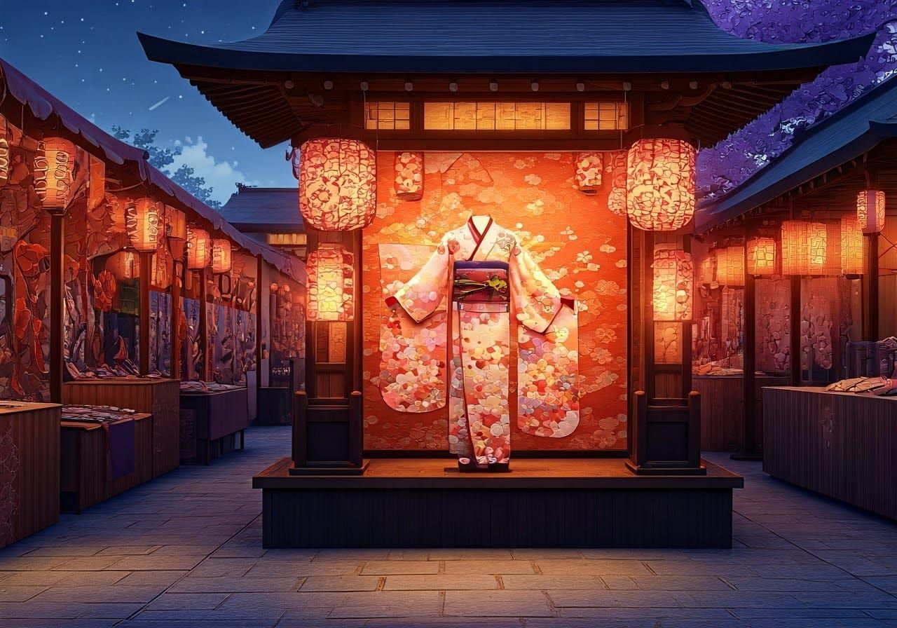 Detailed Kimono Display at Japanese Market in Anime Style