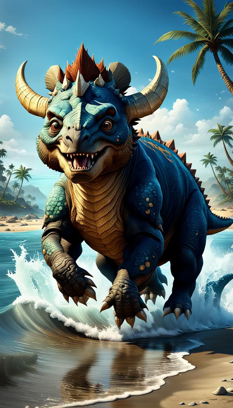 Cub Bear Rides Triceratops: Dark Fantasy Art