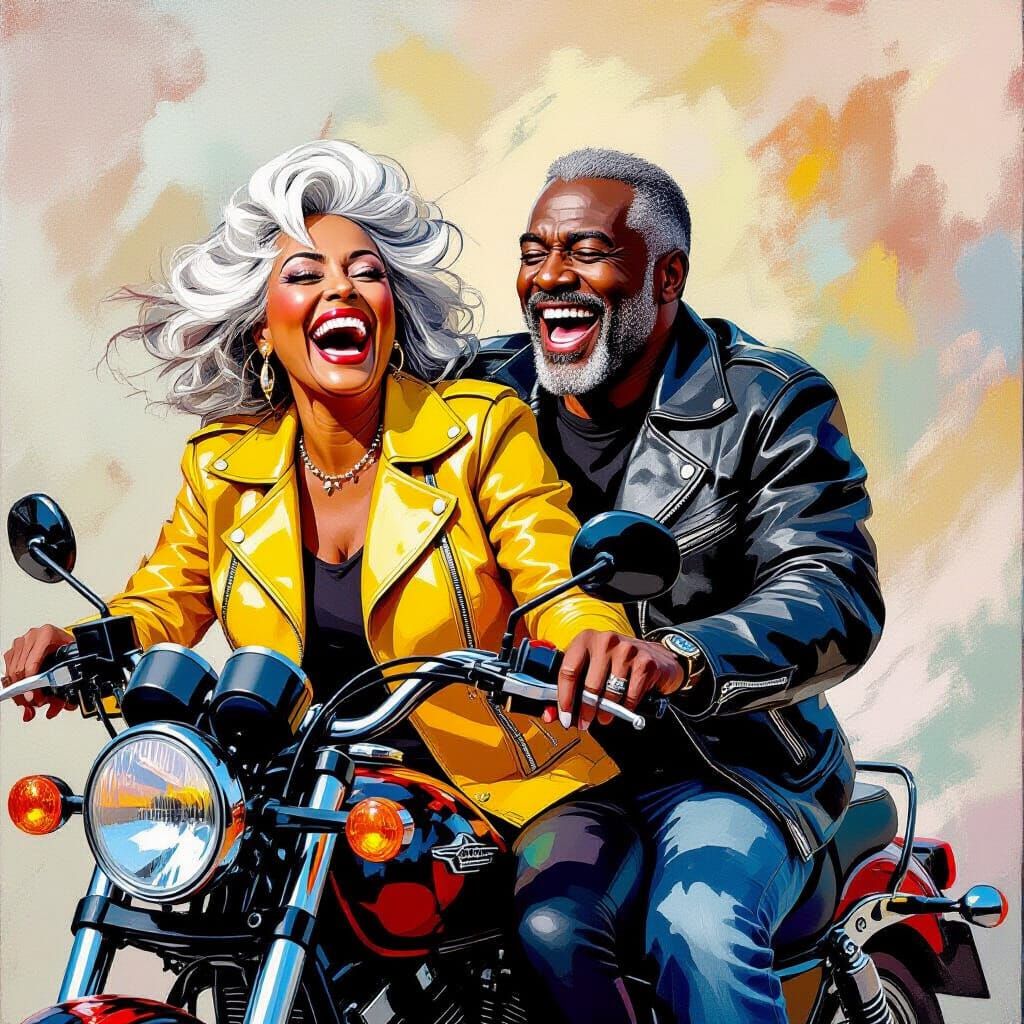 Joyful Motorcycle Ride in Expressive Abstract Style
