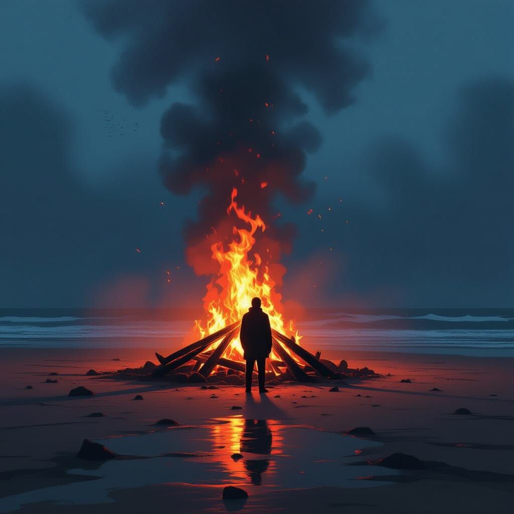 Lone Figure by Bonfire on Beach, Gritty Street Art Style