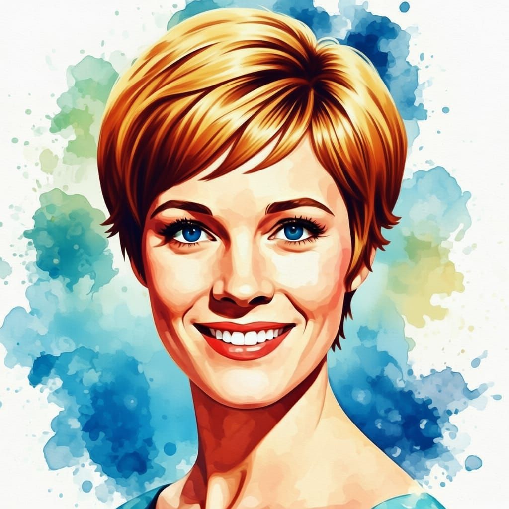 Dreamy Watercolor Portrait of Young Julie Andrews