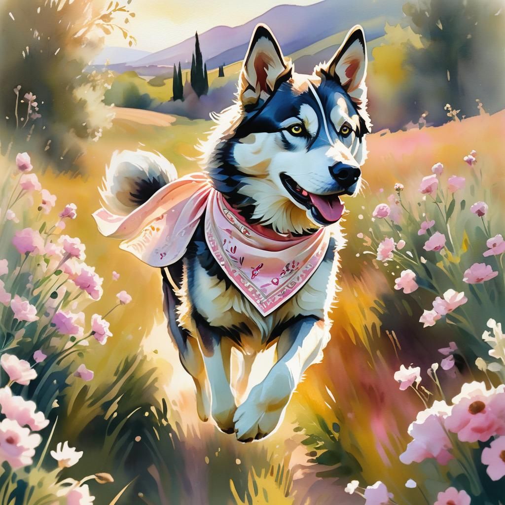 Husky in Tuscany: Alphonse Mucha Watercolor Painting