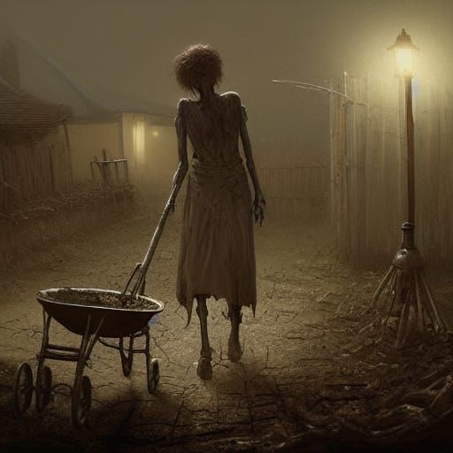 Skeletal Woman Pushing Wheelbarrow of Skulls