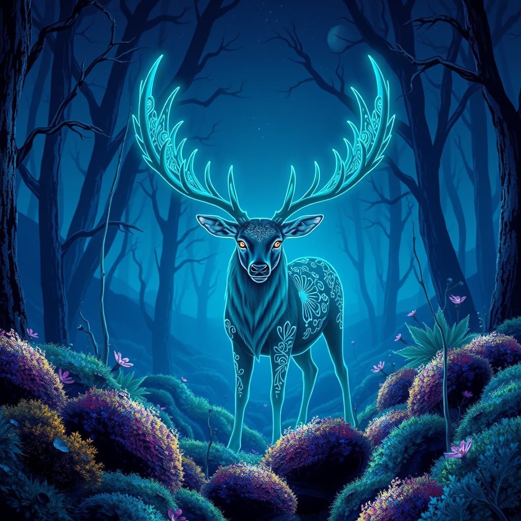 Bioluminescent Stag in Alien Forest, Studio Ghibli Style