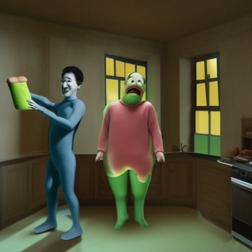 Uncanny Valley Men Feeding Sponge in Creepy Manor