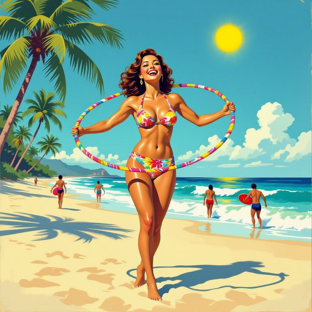 Woman Laughing with Hula Hoop on Beach in Vintage Pulp Art S...