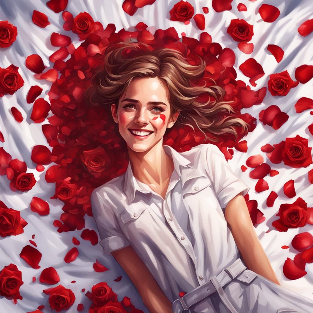 emma watson smile laying on the bed full of red Roses Petals