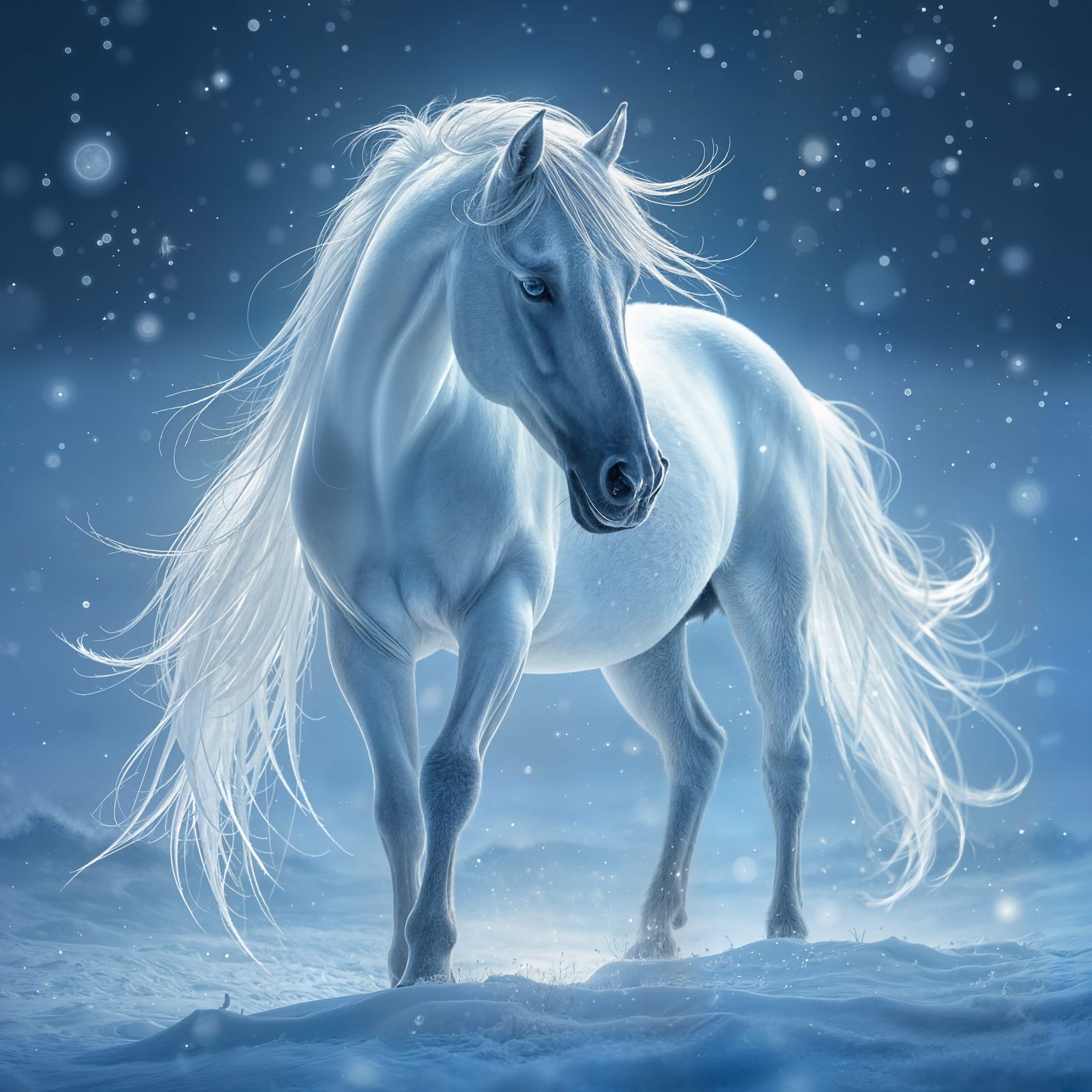 Luminous White Horse in Serene Snowy Landscape