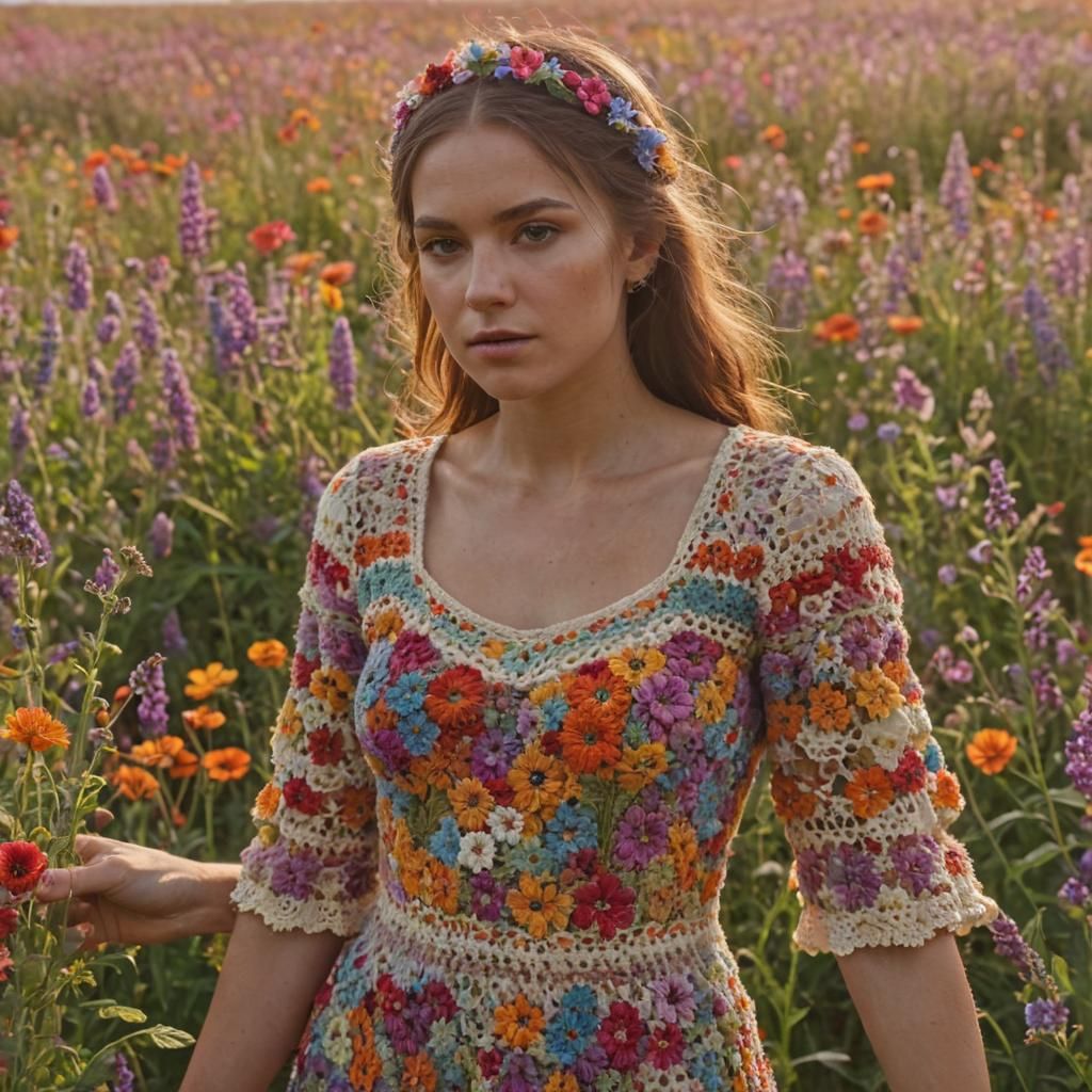 Woman in Crocheted Dress in Hyperrealistic Style