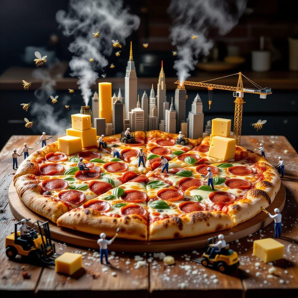 Giant Pizza City Built by Miniature Workers in High Detail