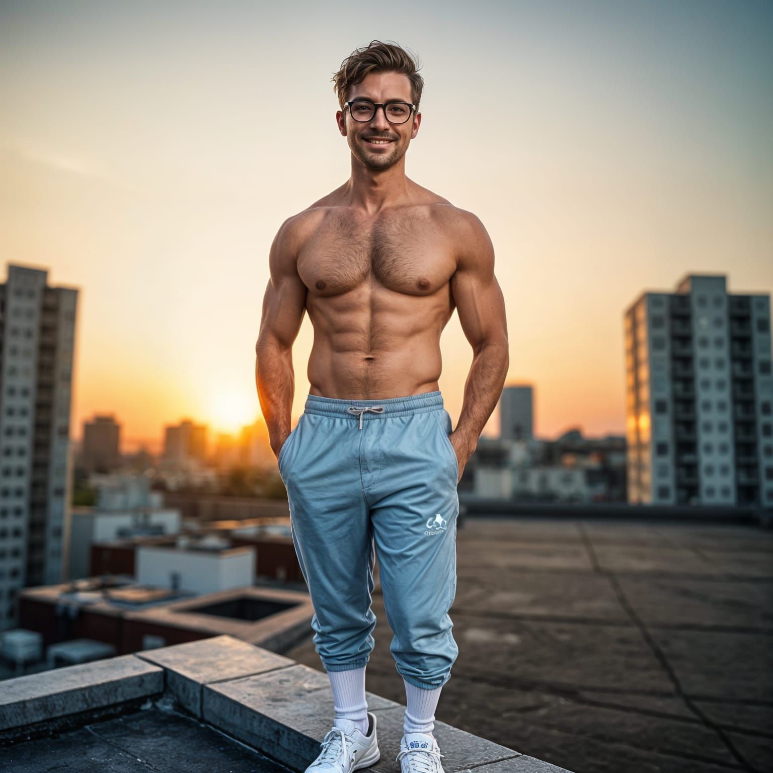 Muscular Man on City Rooftop at Sunrise