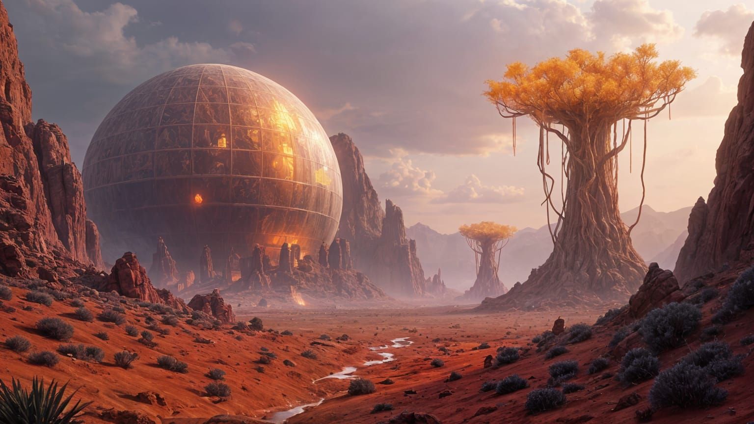Red Planet Landscape with Oxygen Dome, Dark Fantasy Concept ...