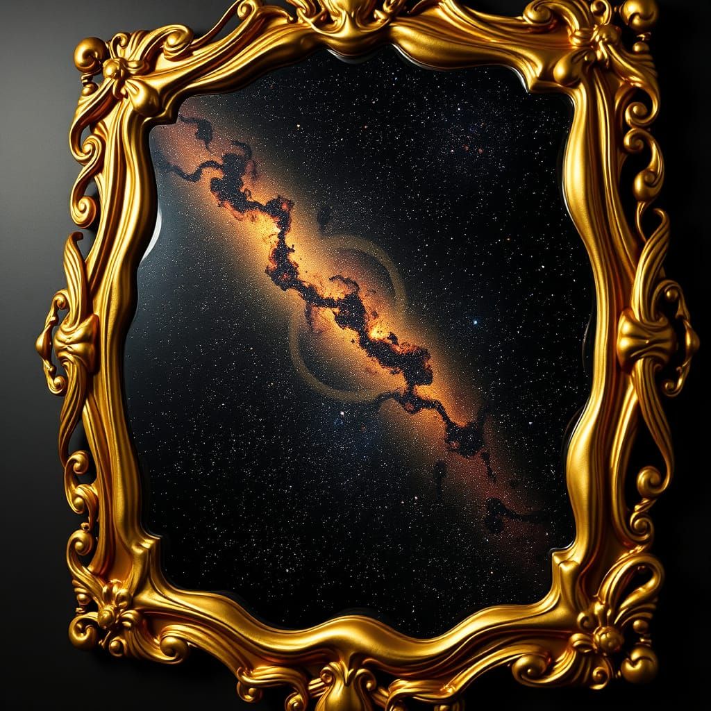 Ornate Gold Liquid Mirror Reflecting Starry Cosmos