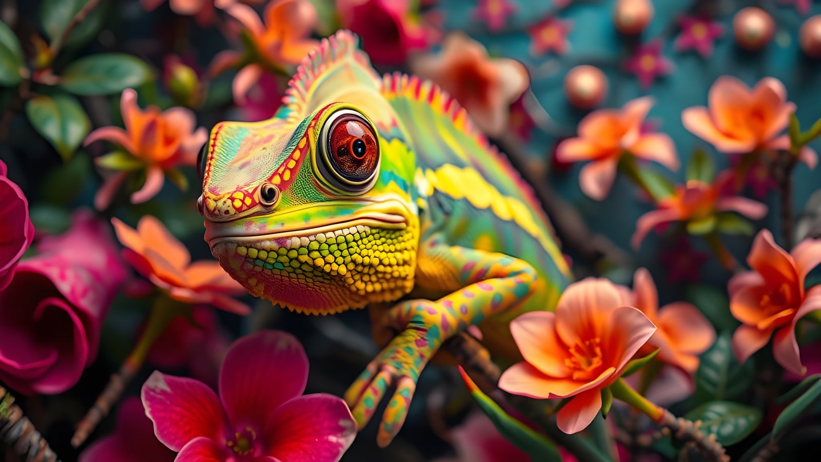 Hyperrealistic Chameleon in a Lush Fiesta Forest