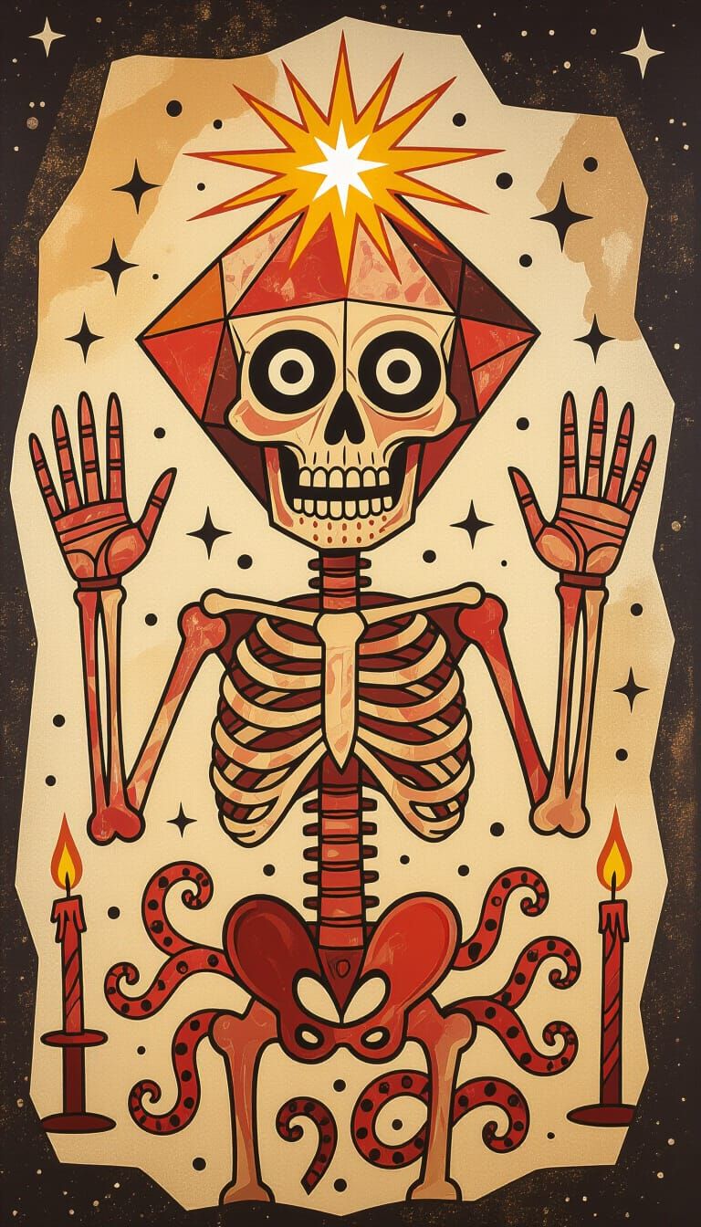 Primitive Skeleton Art with Crystal Head and Tentacles