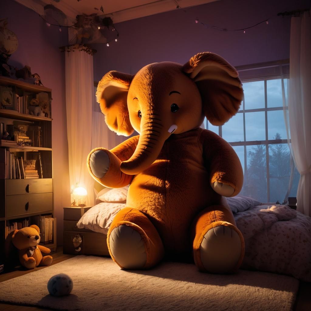 Giant Plush Elephant in Aetherpunk Double Exposure