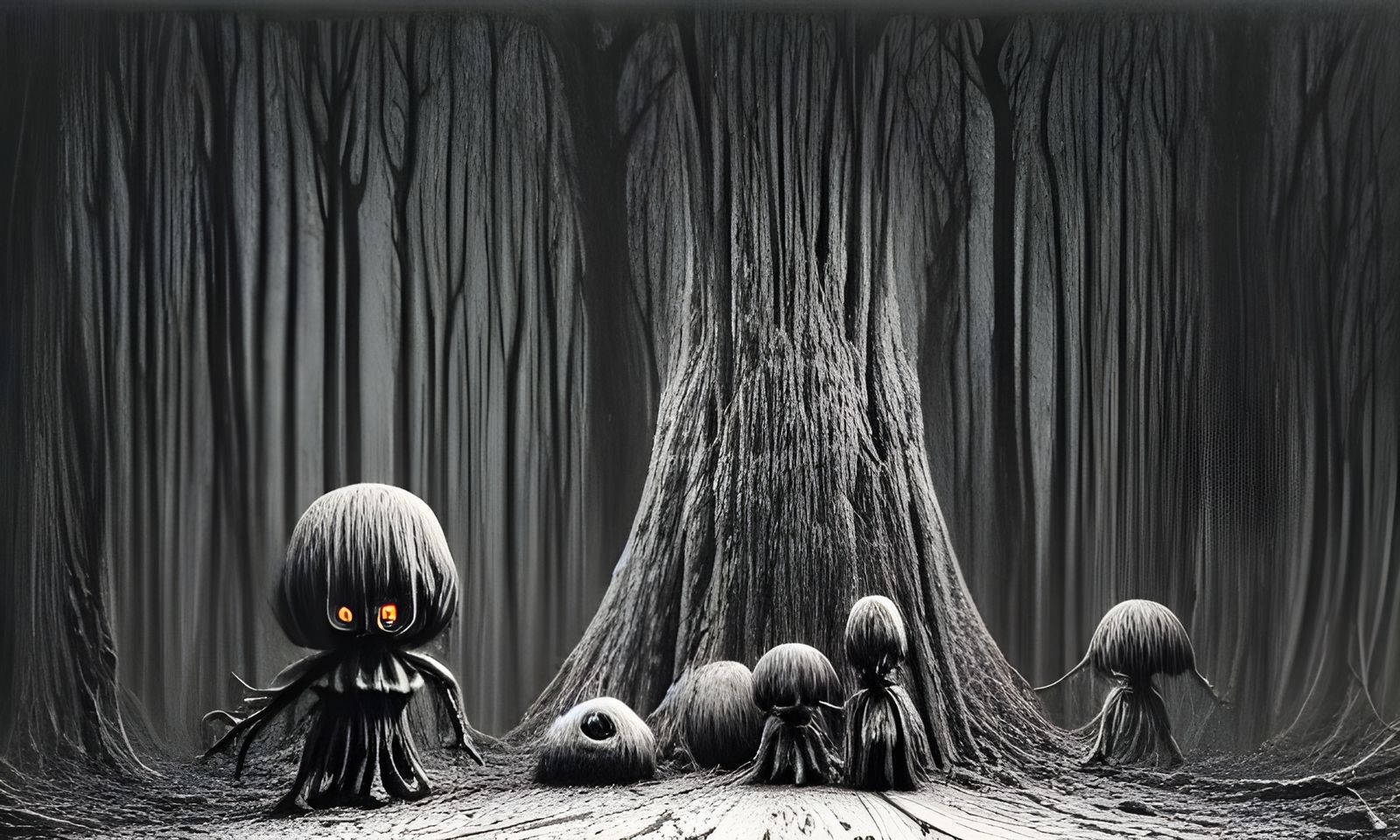 Creepy Dolls Floating in Dark Forest - Digital Art