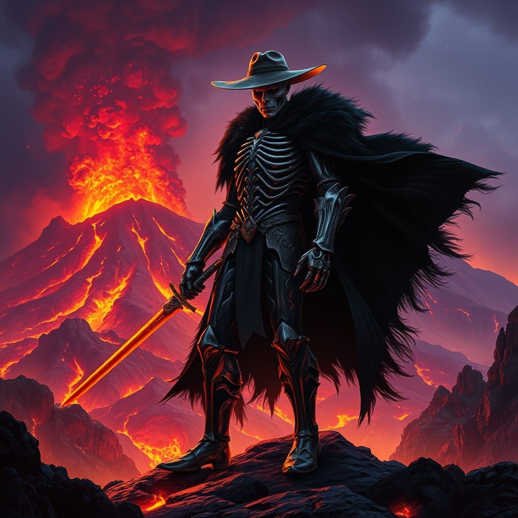 Cyberpunk Vampire Hunter in Fiery Volcanic Landscape