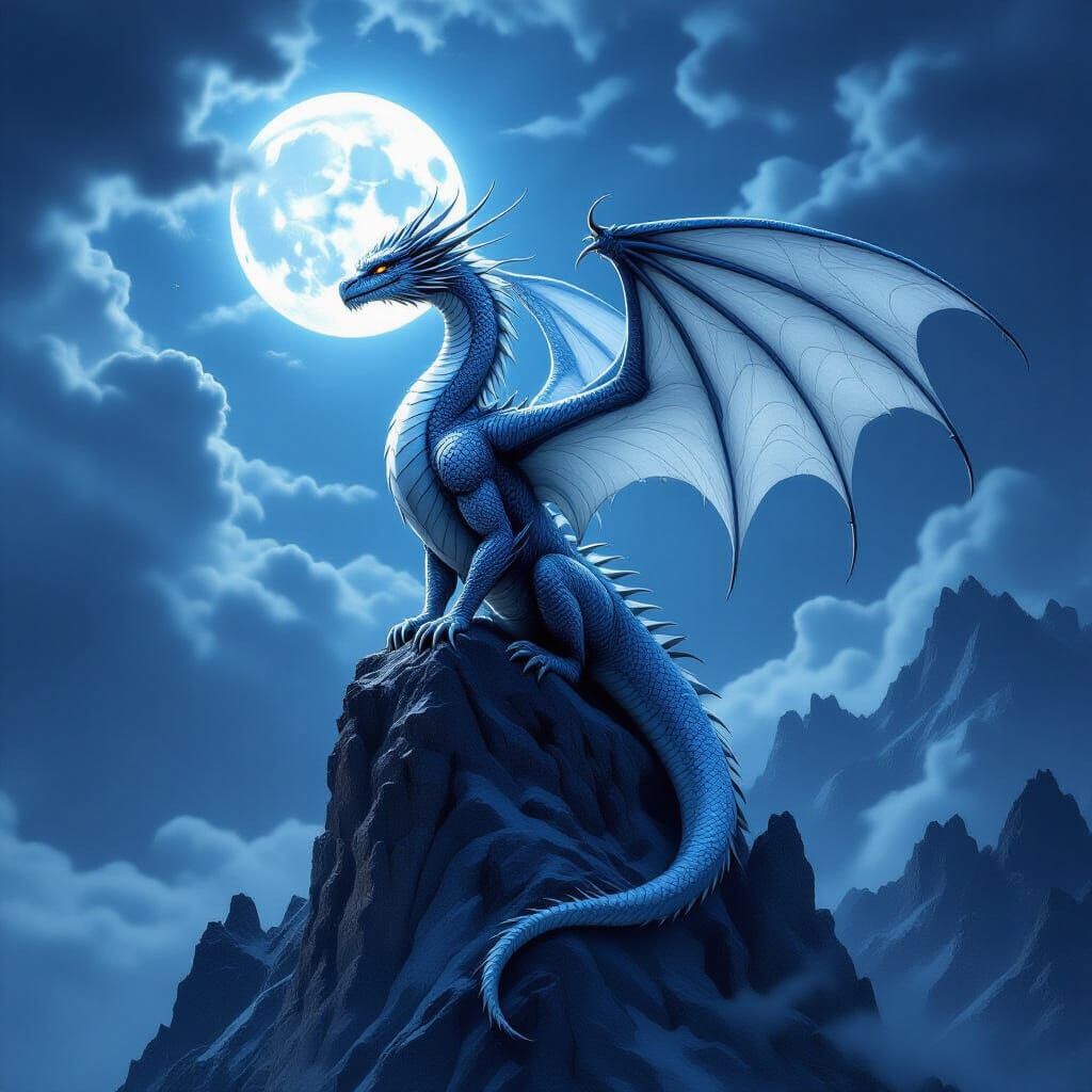 Dragon of Spider Silk on Mountain Peak in Stormy Moonlight