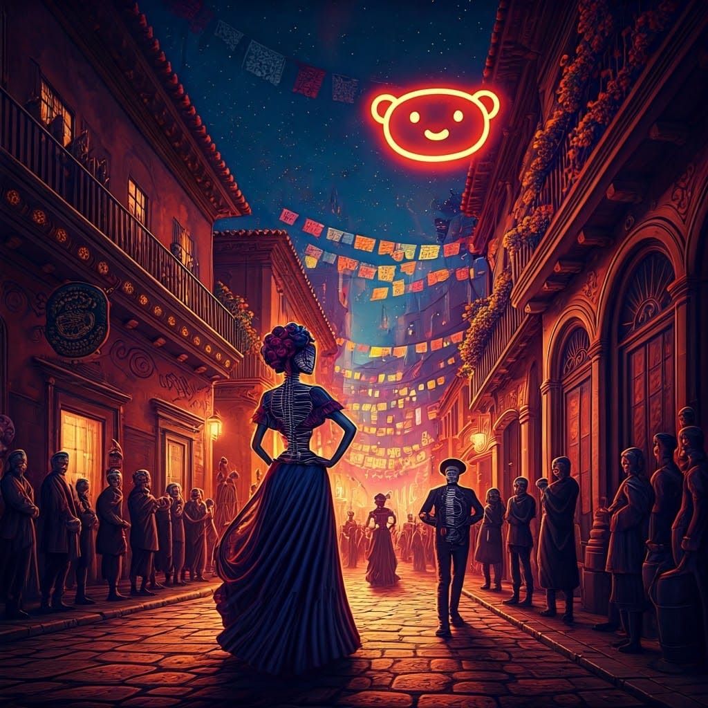 Day of the Dead Parade with Neon Reddit Sign