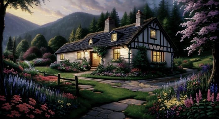 Thomas Kinkade Style Painting of a Cozy Cottage