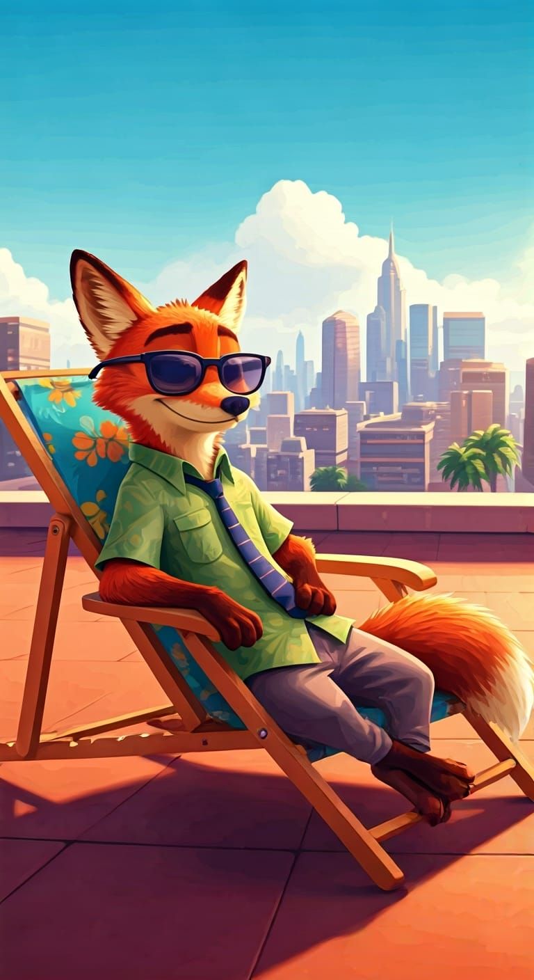 Fox in Hawaiian Shirt on Zootopia Rooftop