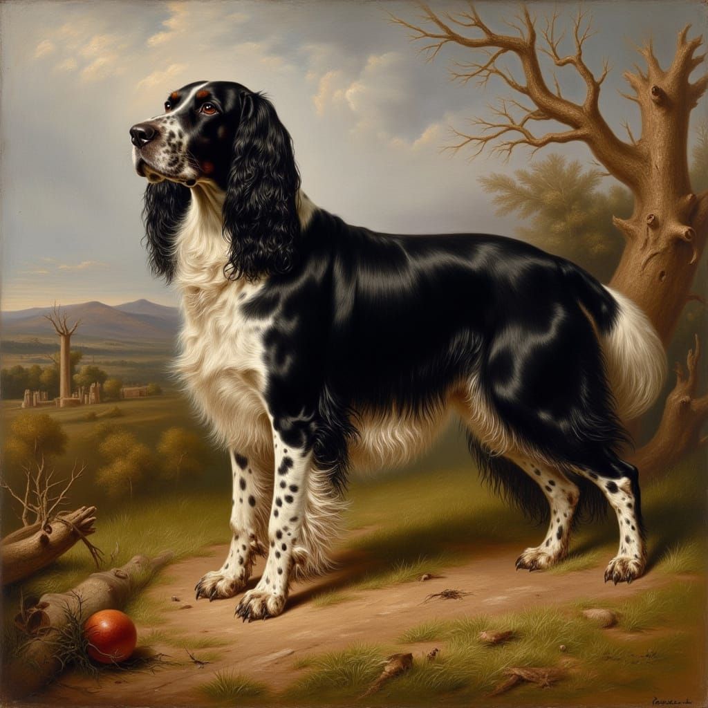 Stunning Oil Painting of a Black and White Hunting Dog