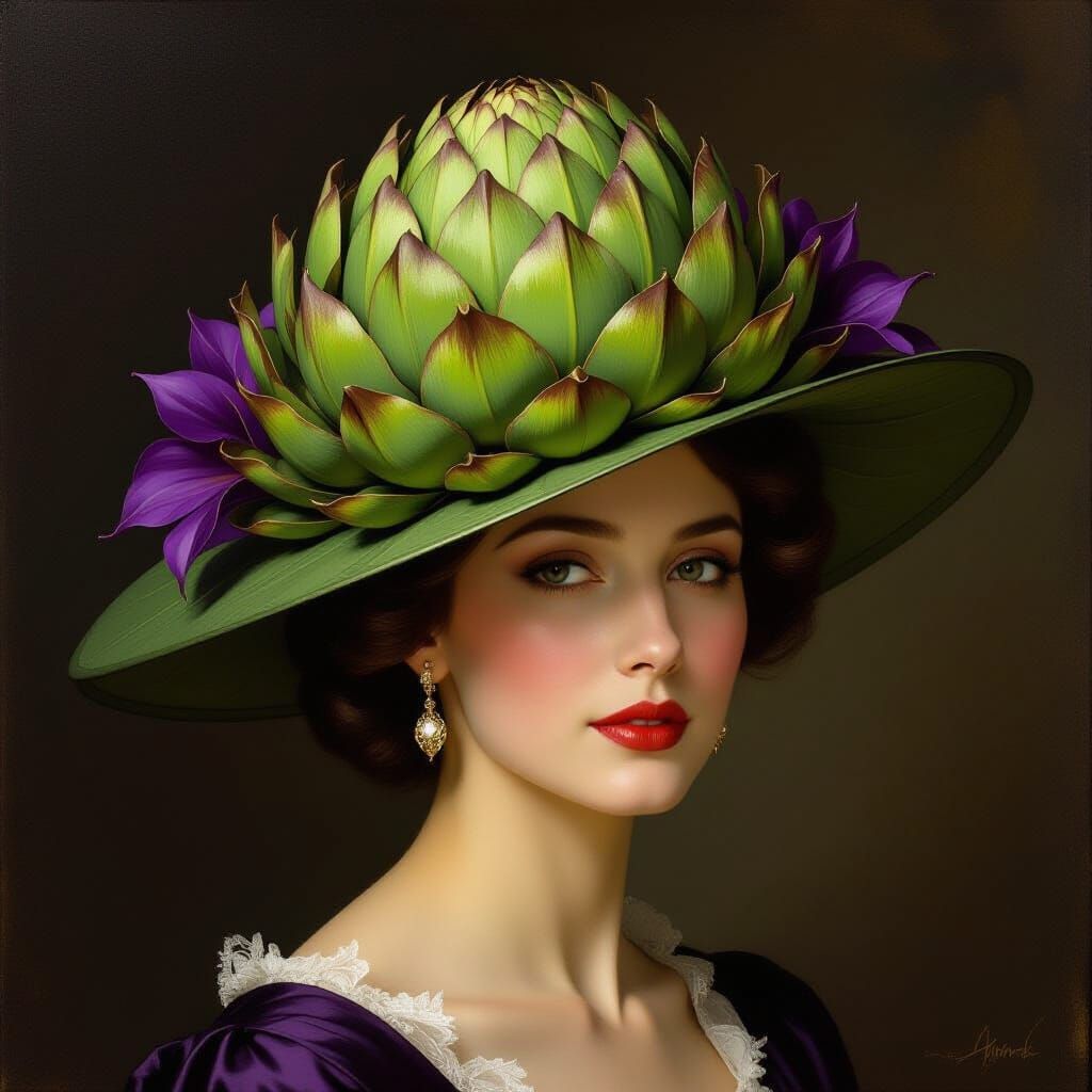 Regal Woman in Blooming Artichoke Hat